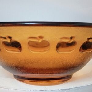 Vintage Amber Glass Bowl with Apple Design